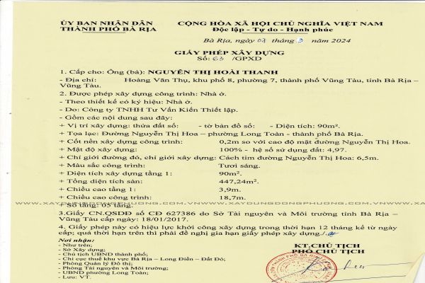 Xin phép xây dựng nhà ở riêng lẻ (thuộc dự án) tại Bà Rịa