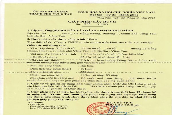 Xin phép xây dựng  nhà ở Vũng Tàu
